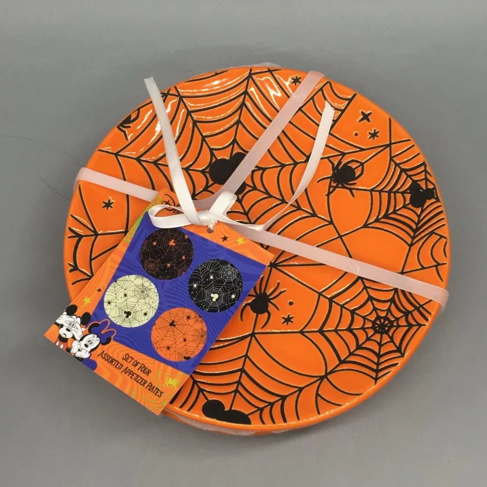 x6 Zrike DISNEY Halloween MICKEY MOUSE Orange Spiderweb Plate Set Appetizer NEW